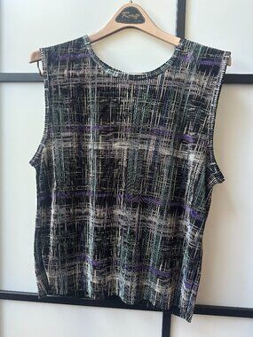 Vintage Plisse Tank Top Y2K 90's Stretch Crinkle Abstract Purple & Green 1X